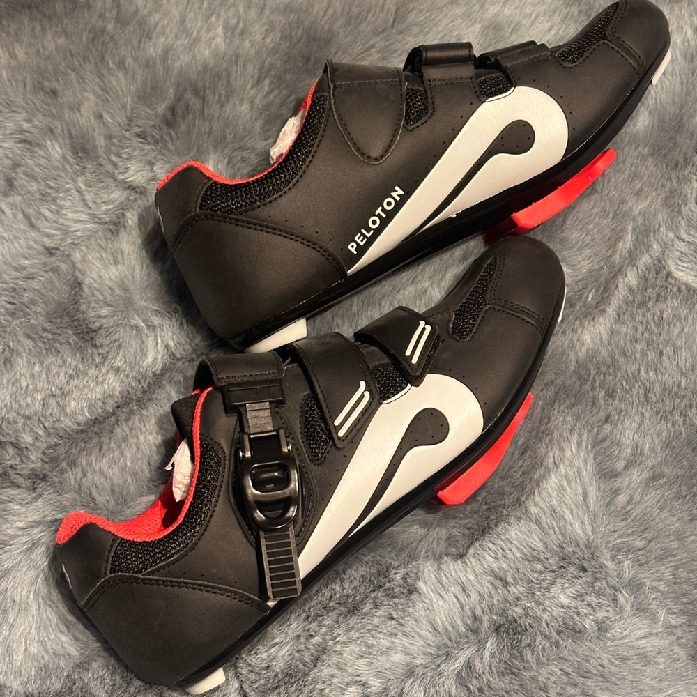 Peloton Black Cycling Shoes with Red Lining and White Accents